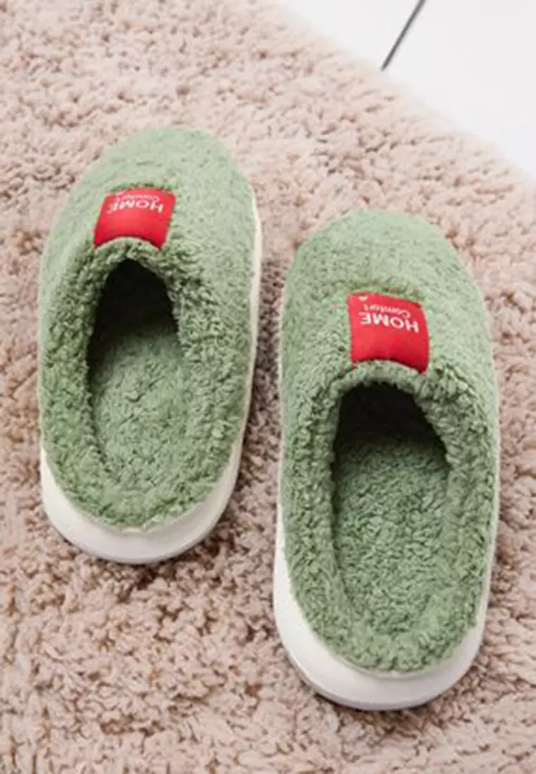 Green Plush Woven Label Detailed Women's House Slippers Takaw25Er00012