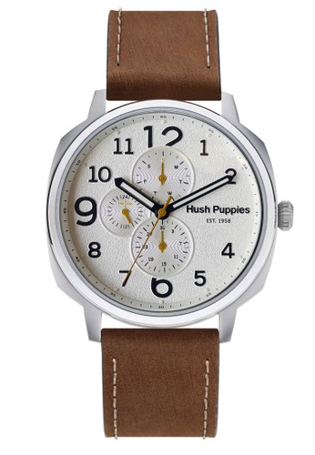 Hush Puppies est. 1958 Multifunction Men’s Watch HP 7145M.2501 White Silver Brown Leather
