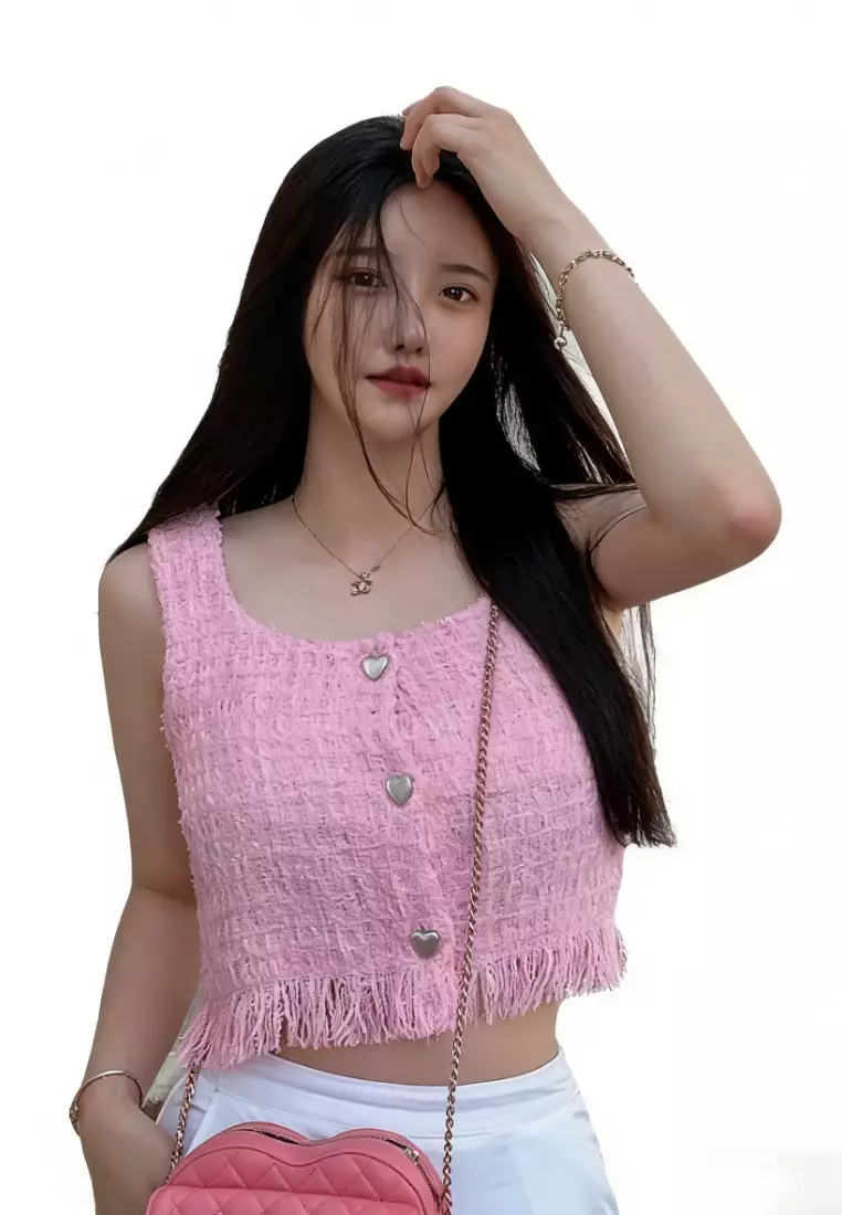 Square Neck Heart Button Fringe Crop Camis CA26031928PI