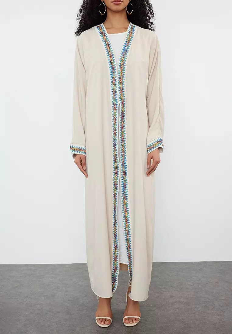 Stone Piping Detailed Woven Cape & Abaya & Kimono TCTSS24KF00033