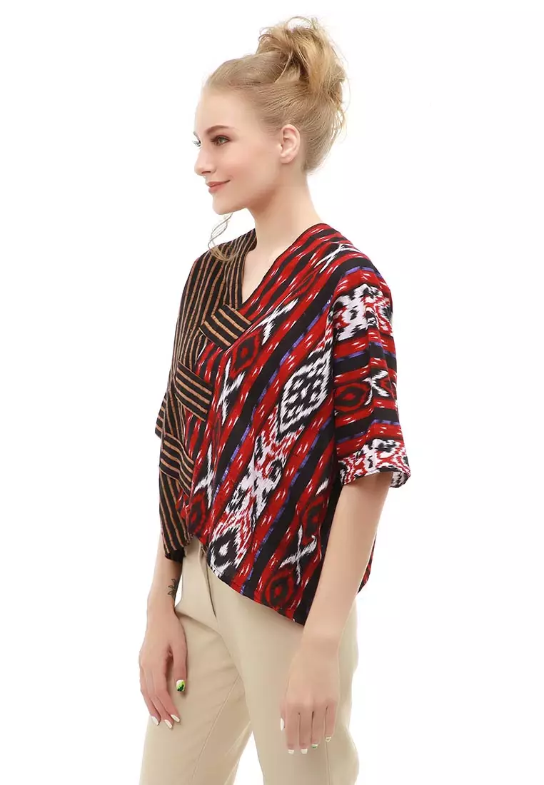 Lynelle Atasan Formal Wanita Blouse Crop Top Batik Songket Material Cotton ORIGINAL - Maroon