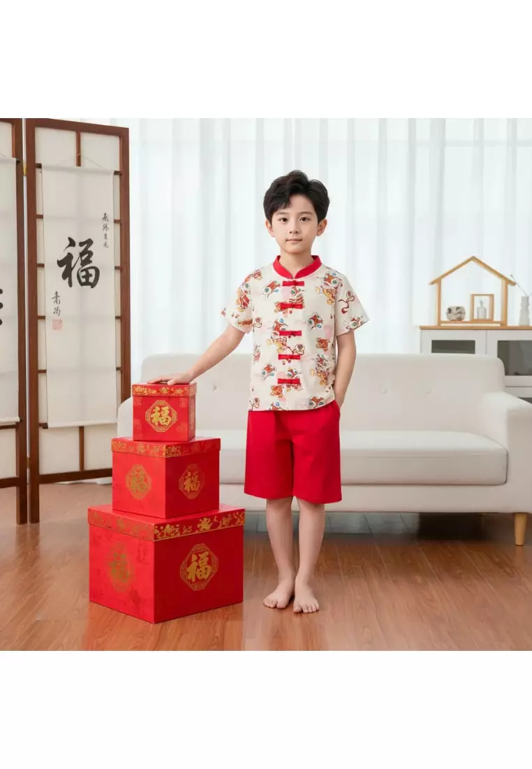 現貨 新加坡農曆新年白色醒獅主題嬰幼兒男孩唐裝上衣配短褲套裝