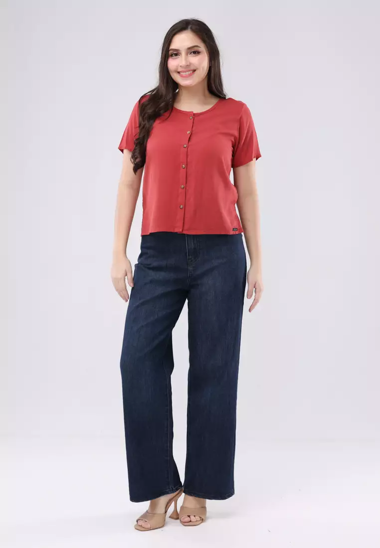 Woven Plain Rayon Short Sleeves Blouse