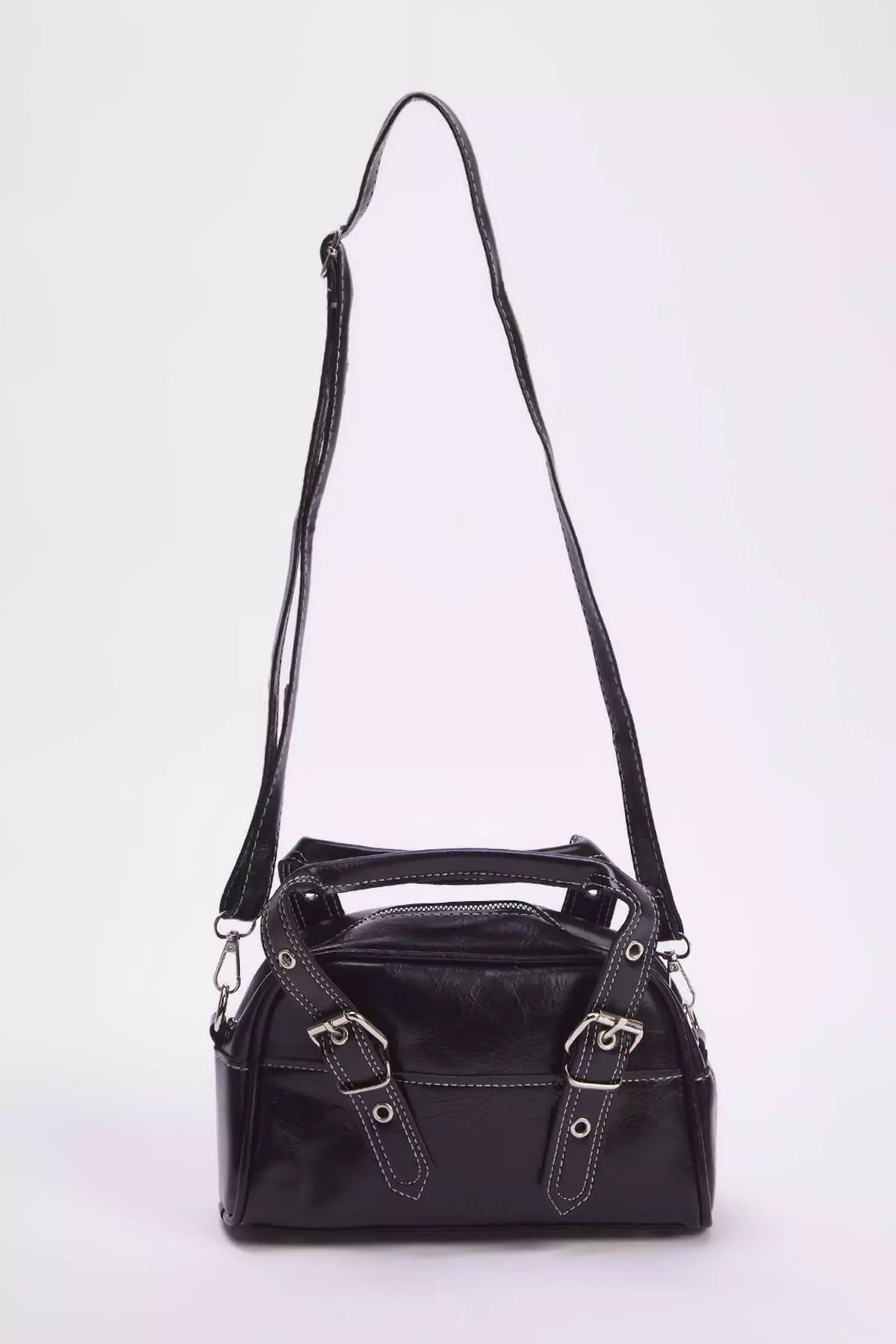 Black Contrast Stitched Women's Bowling Small Mini City Hand And Shoulder Bag