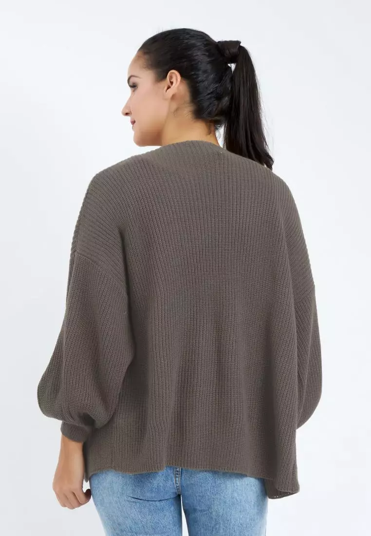 Balloon Sleeve Knit Cardigan in Khaki