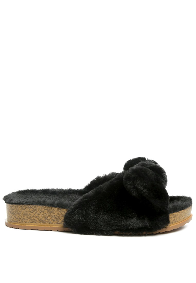 Bow Fur Flats in Black