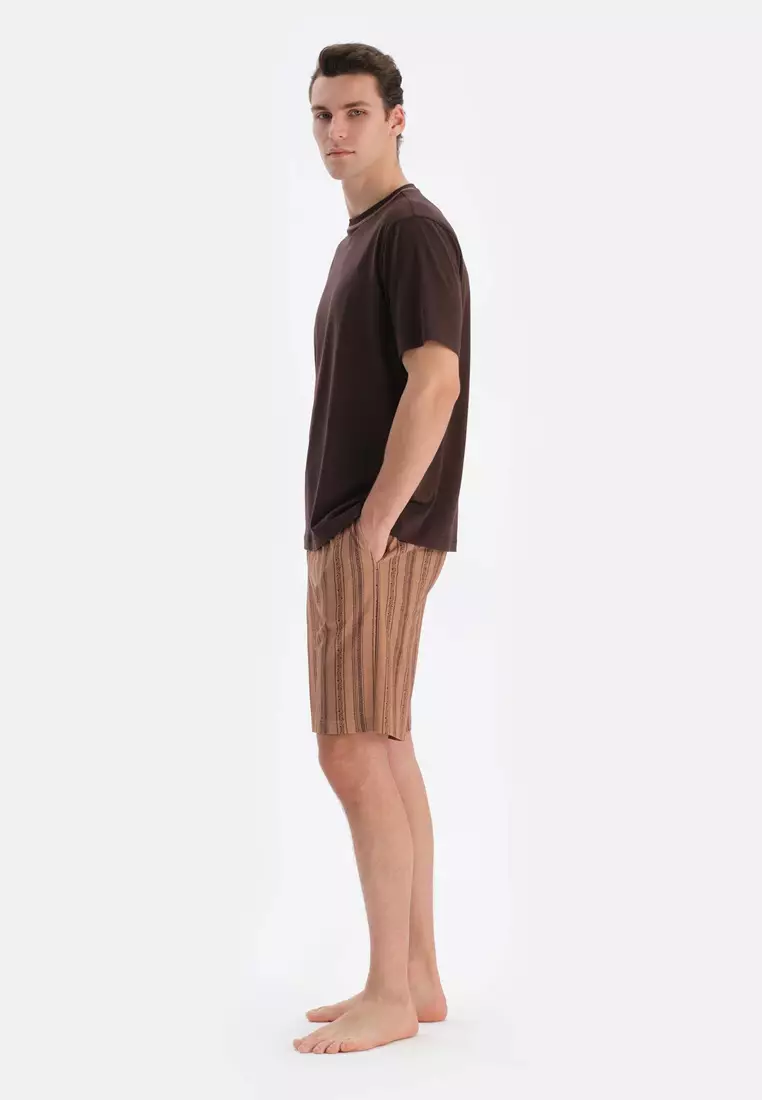 Dark Brown T-Shirt & Shorts Knitwear Set, Crew Neck, Regular, Short Leg, Short Sleeve Sleepwear for Men