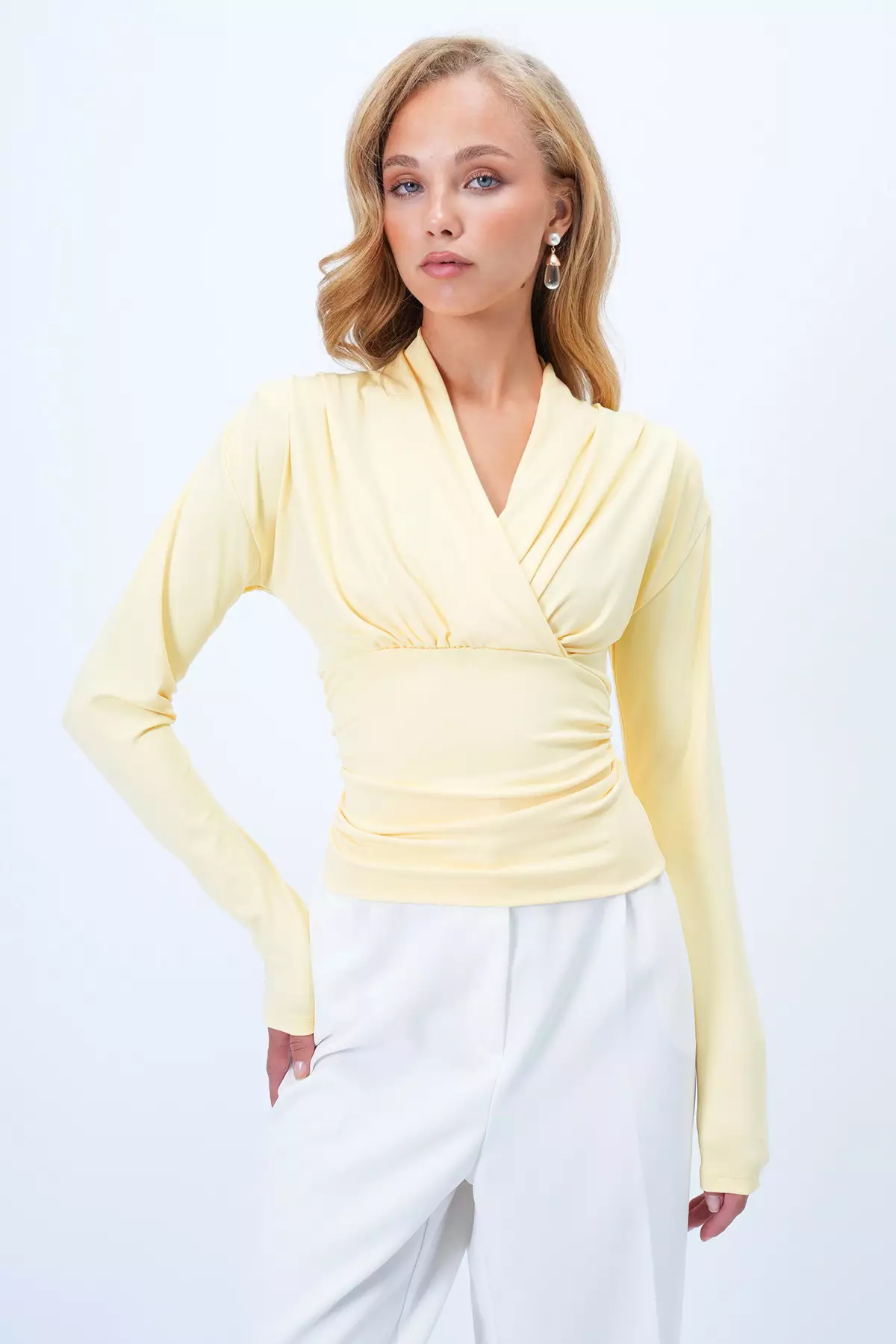 Women's Yellow Double-Breasted V-Neck Waist Corsage Sandy Blouse Alc-X14372