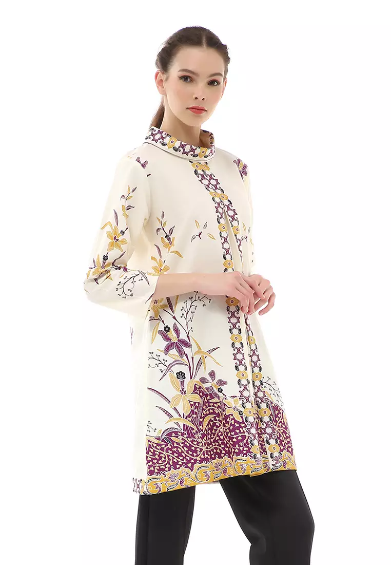 Olaf Atasan Batik Wanita Tunik Traditional Motive Elegant Design Material Cotton ORIGINAL - White Brown