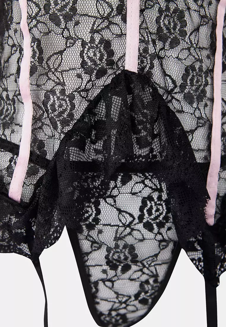 Black Garter Belted Capless Ruffled Panty Lace Strap Babydoll/Fantasy Nightgown