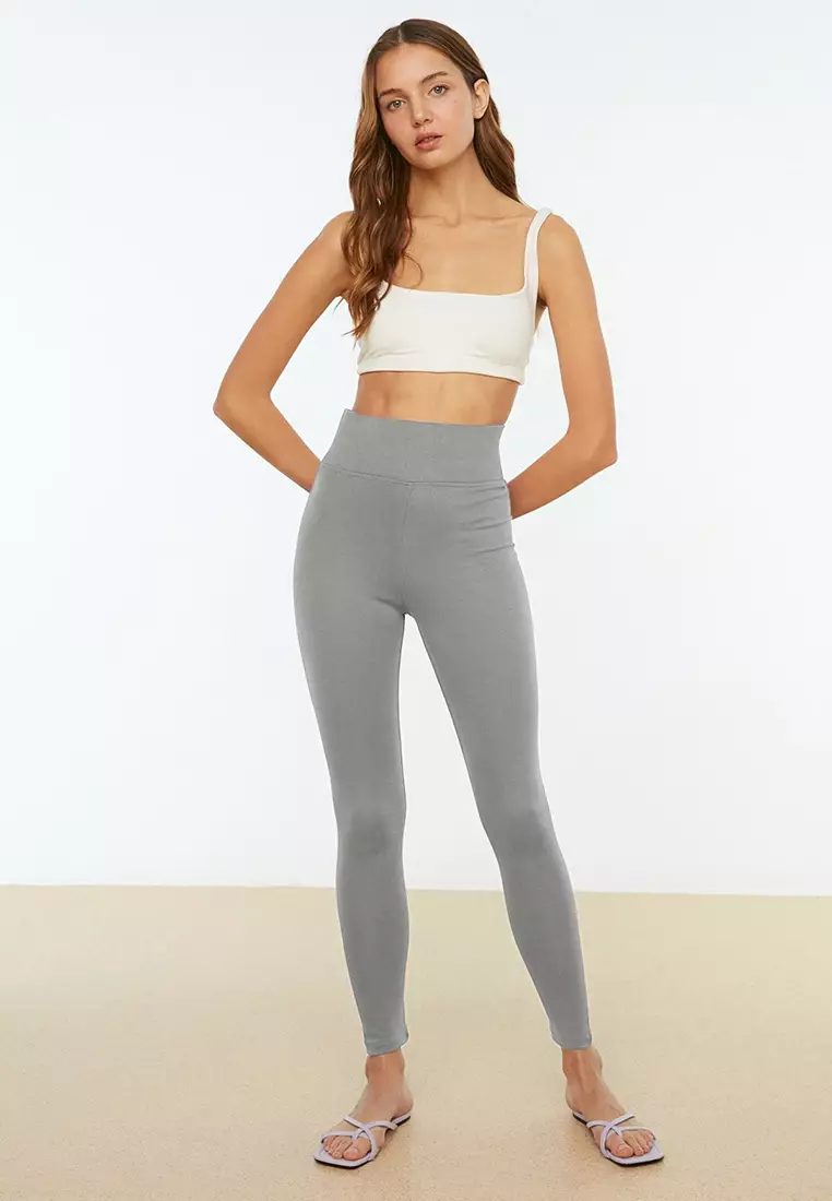 Dark Grey Elastic Waist High Waist Elastic Knitted Leggings