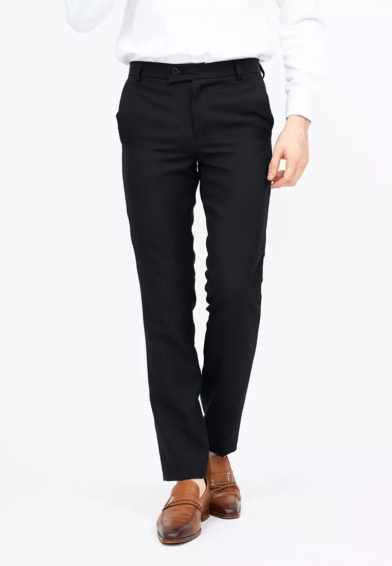 Celana panjang pria slim fit kerja formal button celana bahan stretch Hitam