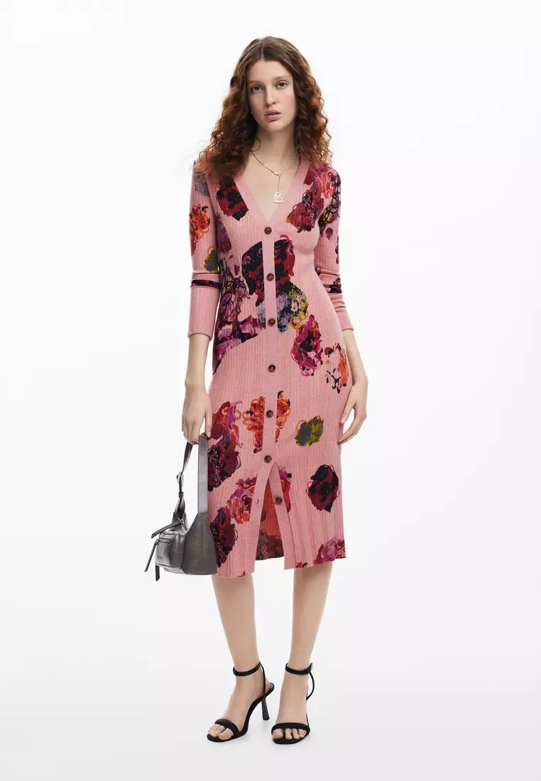 Desigual Knit Dress Desigual Women's Floral Print Knit Dress  Long Sleeve,  Midi Length, Slim Fit Slim Fit Casual Dress