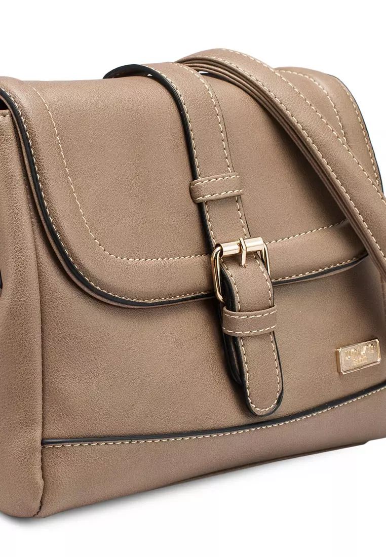 Faux Leather Sling Bag With Flap Over Closure