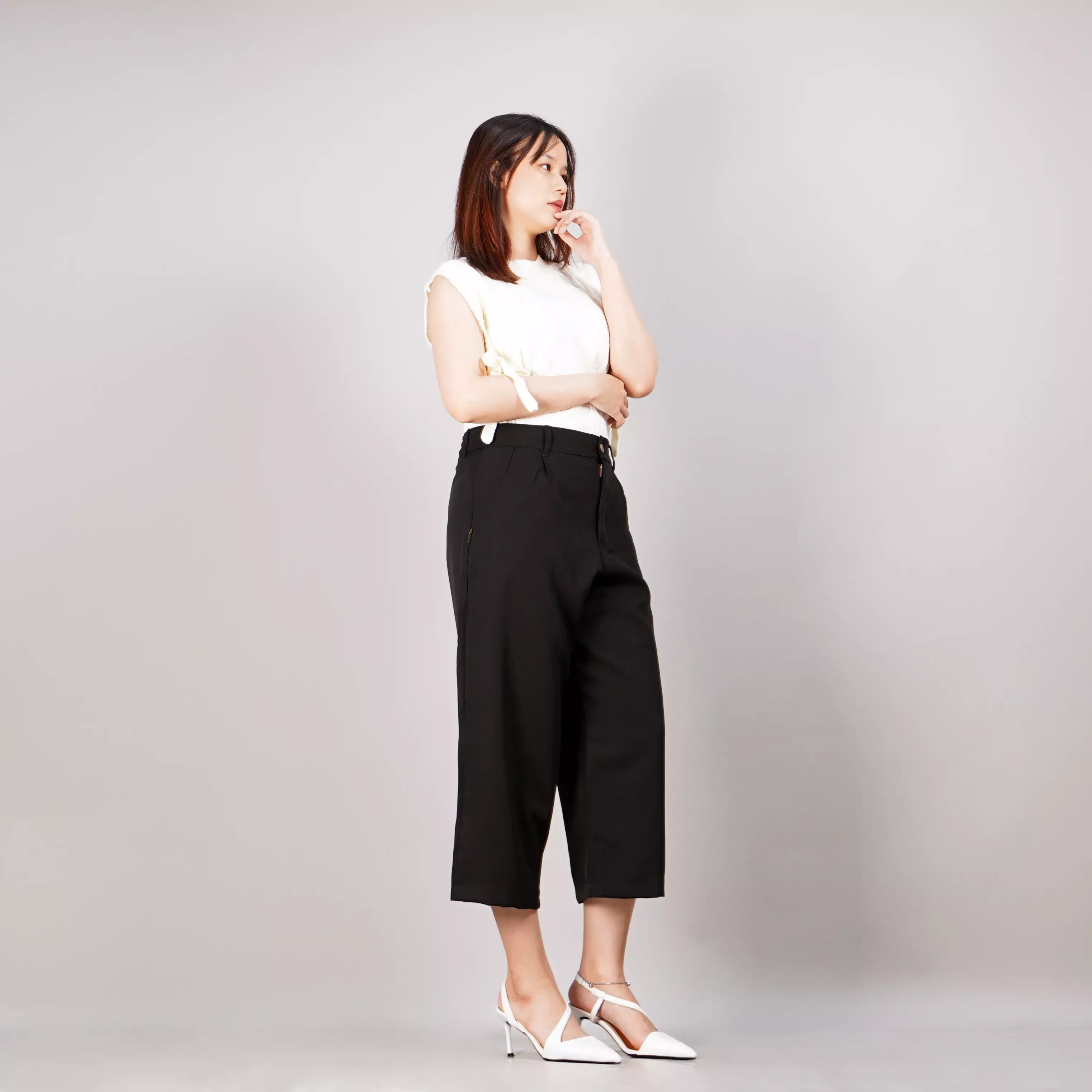 MONICA Celana Cropped Wide Leg Celana Wanita 3/4 Celana High Waist Wide Leg Pants - HITAM
