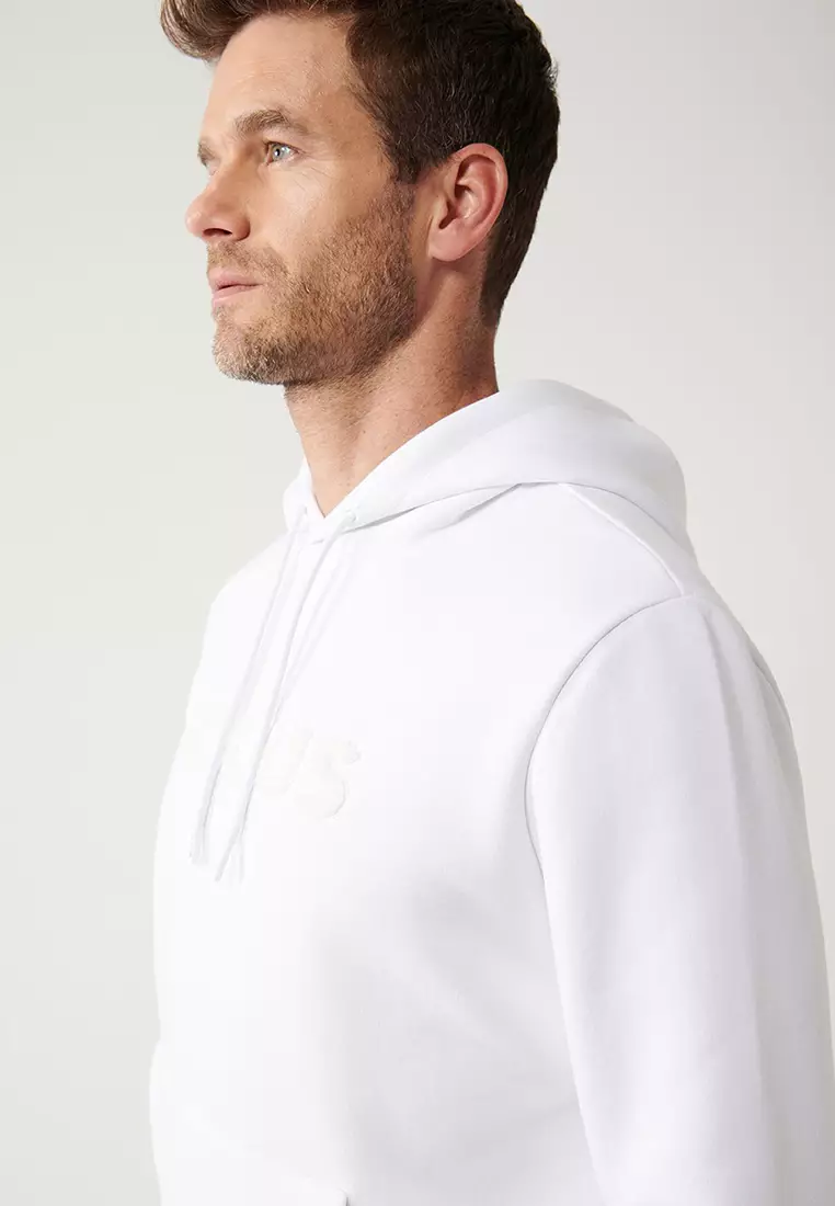 Men's White Hooded 3 Thread Raised Kangaroo Pocket Sweatshirt A32Y1193