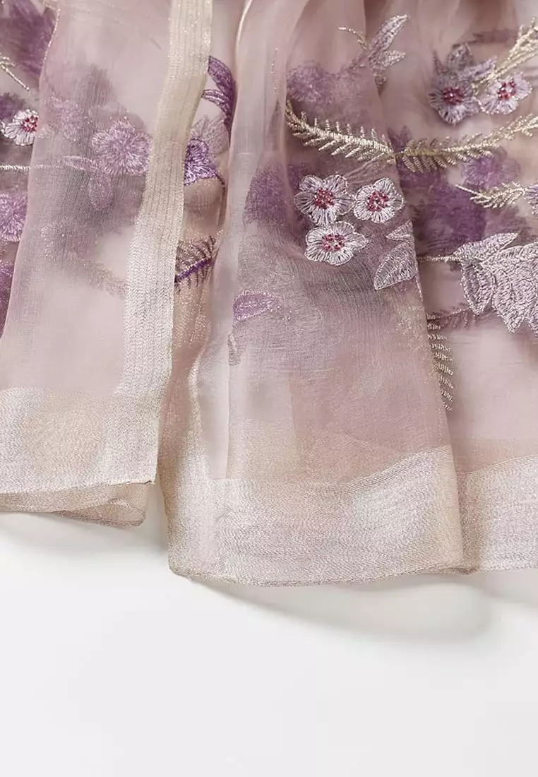 Aksesoris Wanita Golden Thread Embroidery Floral Beaded Silk Shawl Syal Sutra Wanita Bordir Lavender