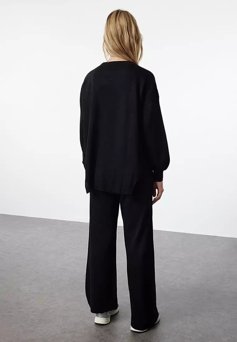 Black Wide Pattern Balloon Sleeve Knitwear Top-Bottom Set TWOAW24AU00067
