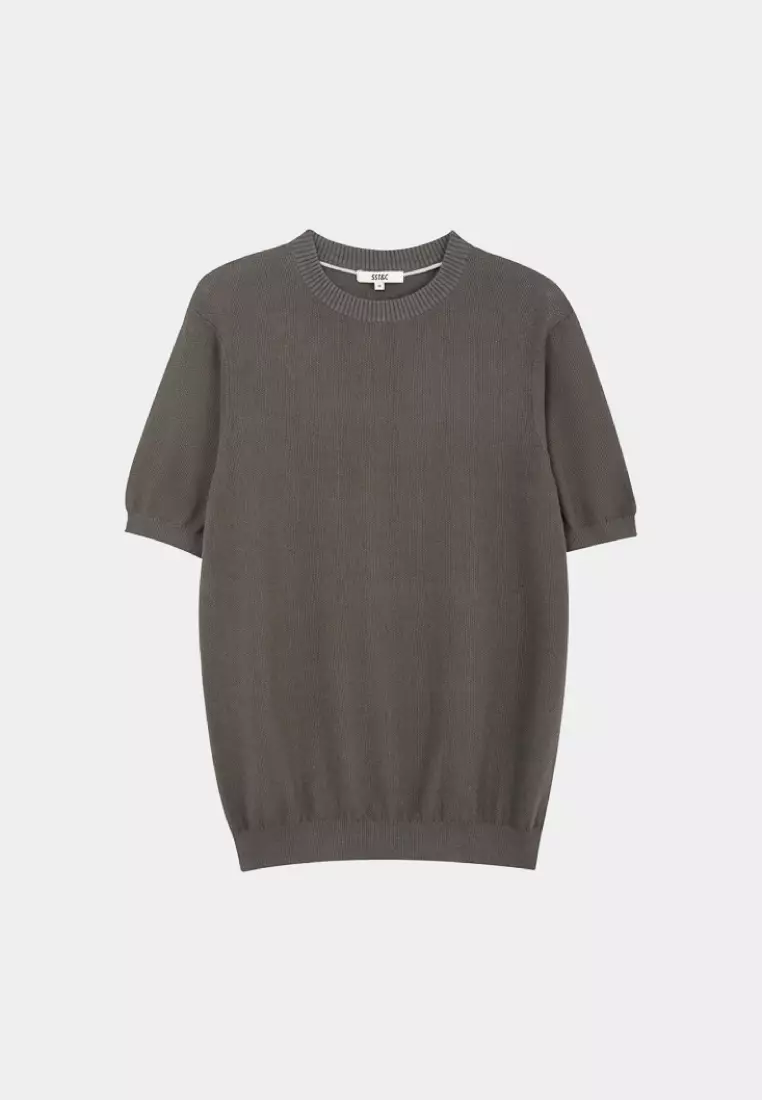 Dark Gray Cotton-Linen Blend Textured Crew Neck Knit