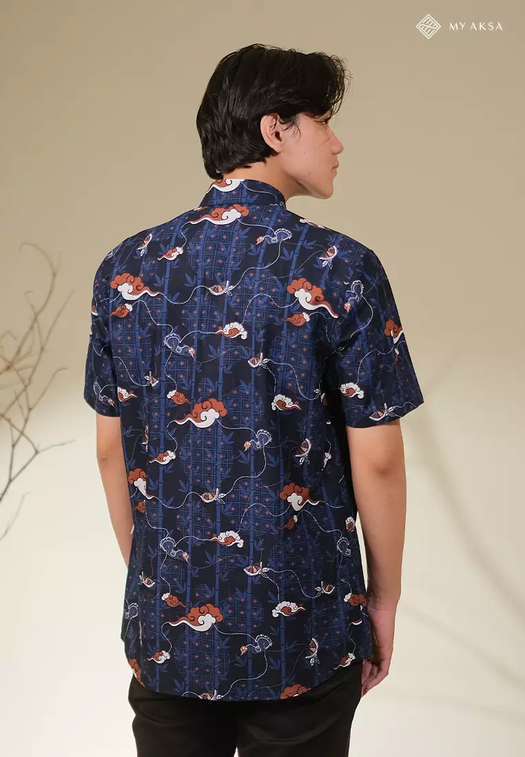 My Aksa Batik  Pria Kemeja Pendek Slimfit Pelana Navy