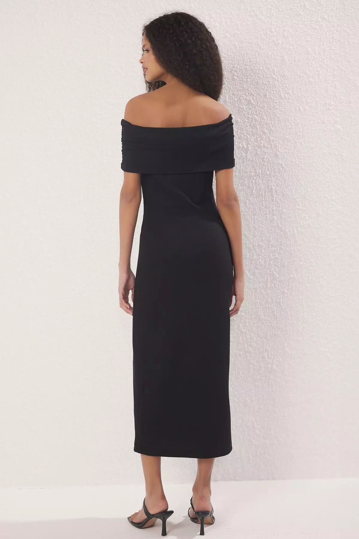 Black Plain Gather/Drape Detailed Maxi Flexible Carmen Collar Body-Smoothing Knitted Dress Twoss25El00327