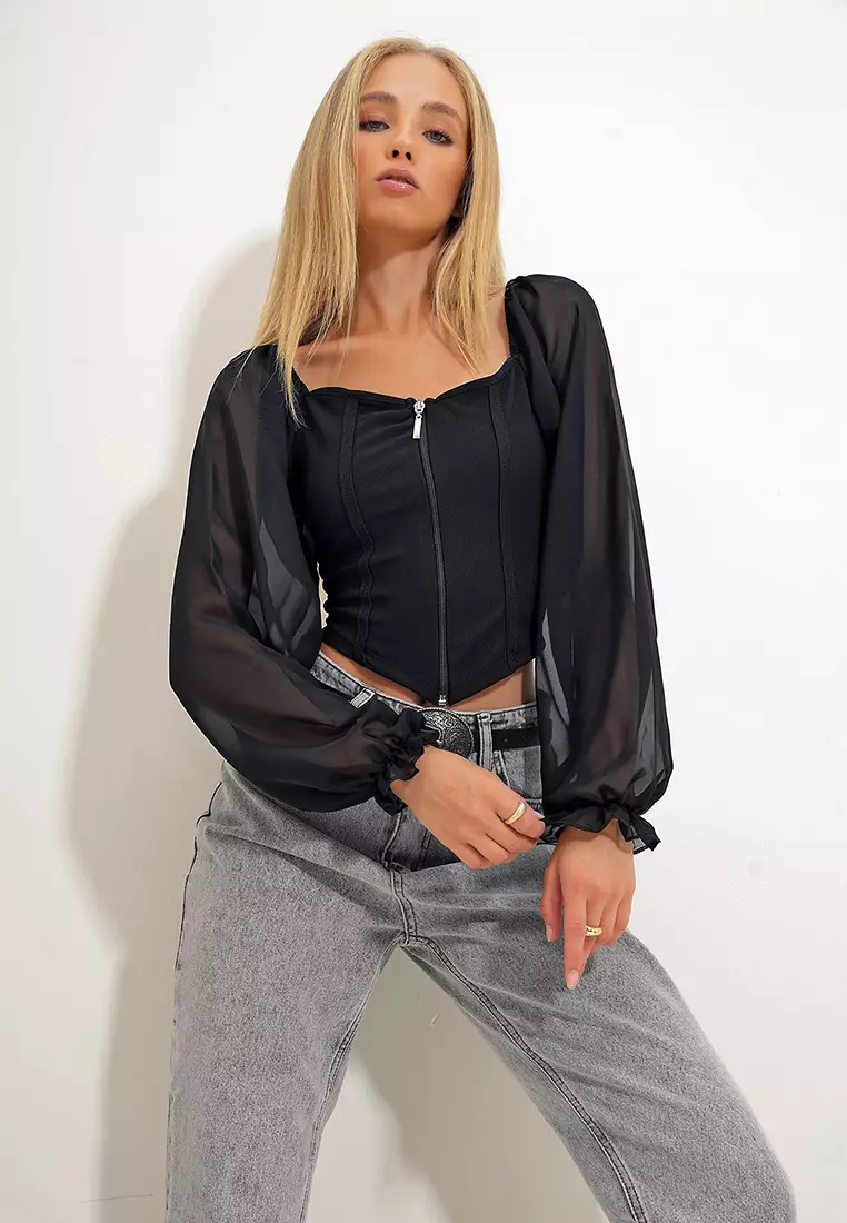 Puff Sleeve Top with Zipper