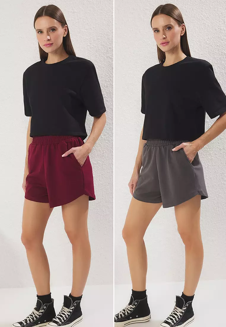 Anthracite-Burgundy 2-Pack Relaxed/Comfortable Fit Short Flexible Knitted Shorts & Bermuda TWOSS25SR00084
