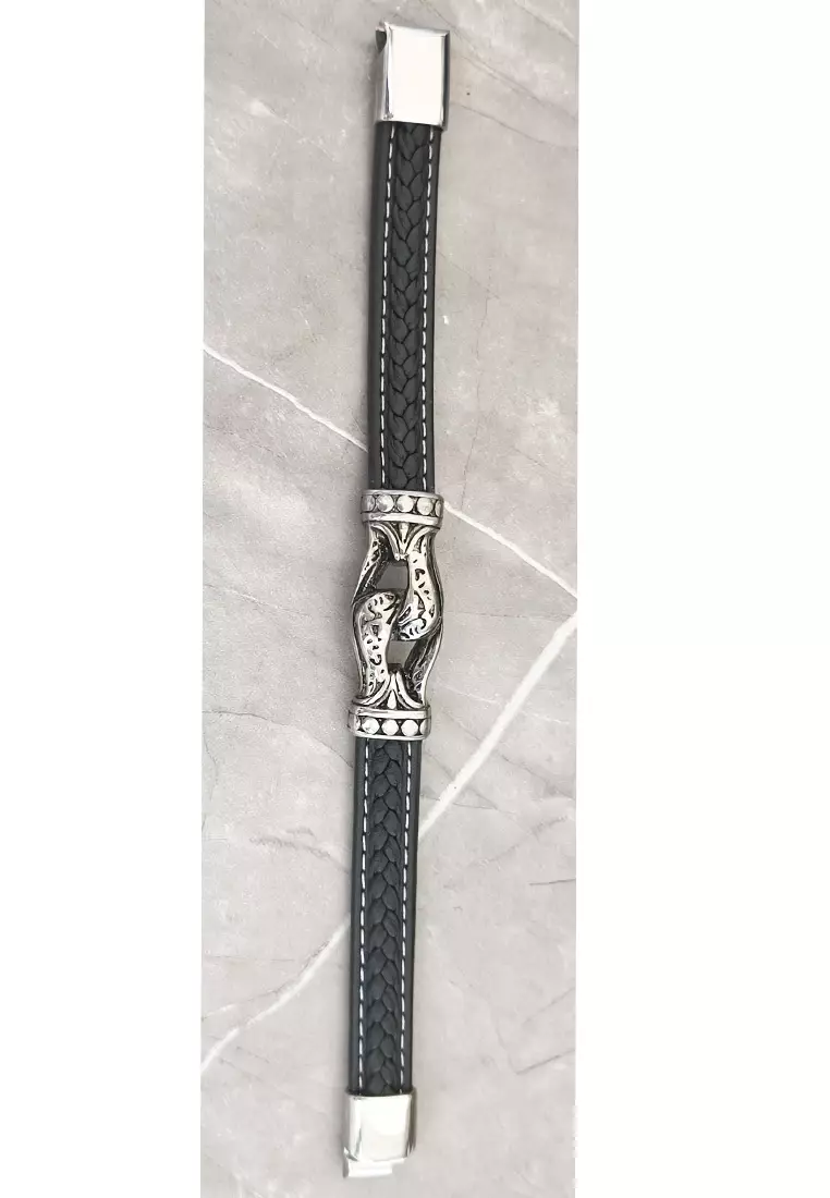 Accessories Pria Stainless Steel Knot Design Center Leather Bracelet Gelang Pria Black & Silver 