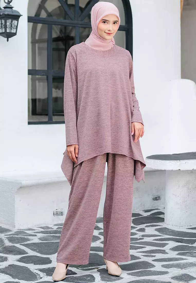 JV Hasanah Oneset Simple Pants Abstract Rosegold | Setelan Simple Layer Kanan Kiri Celana Kaos Abstrak