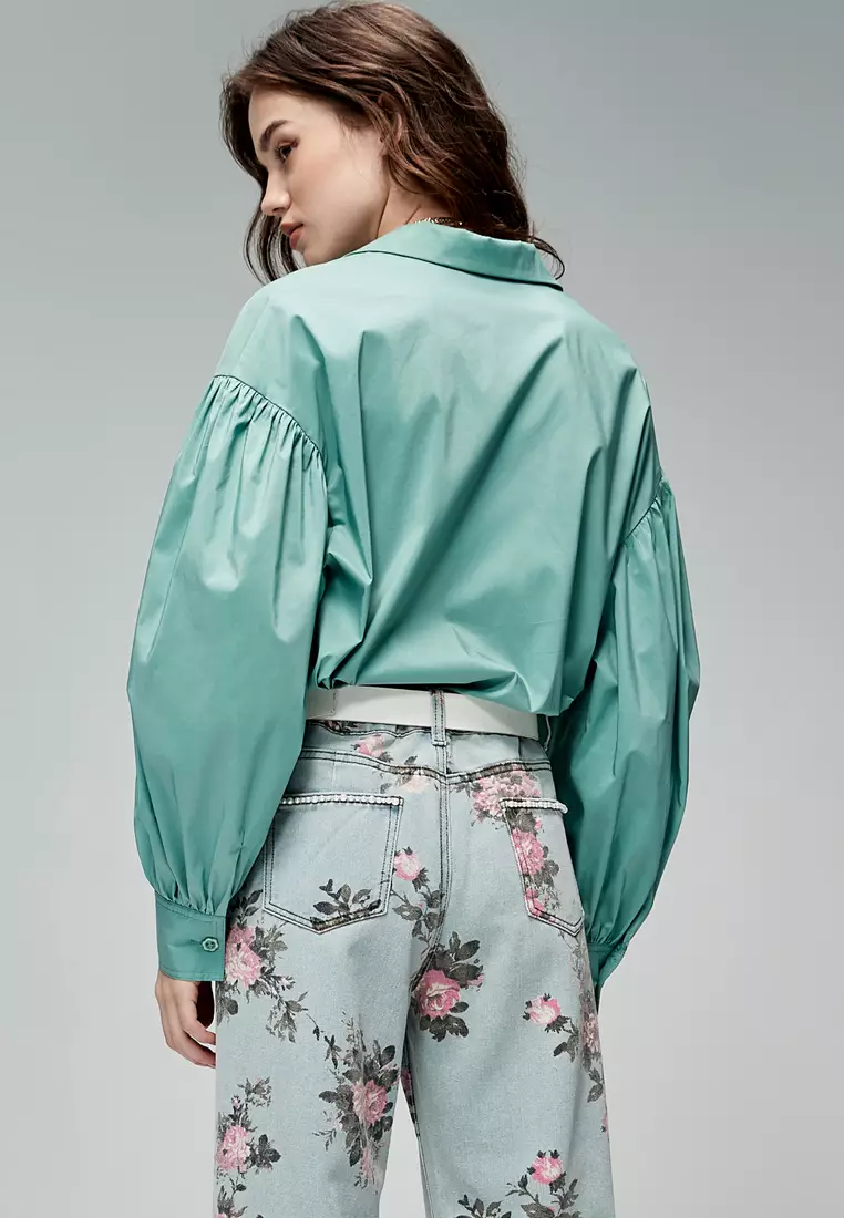 Drop Shoulder Seam Oversize Green Top With Lace Collar