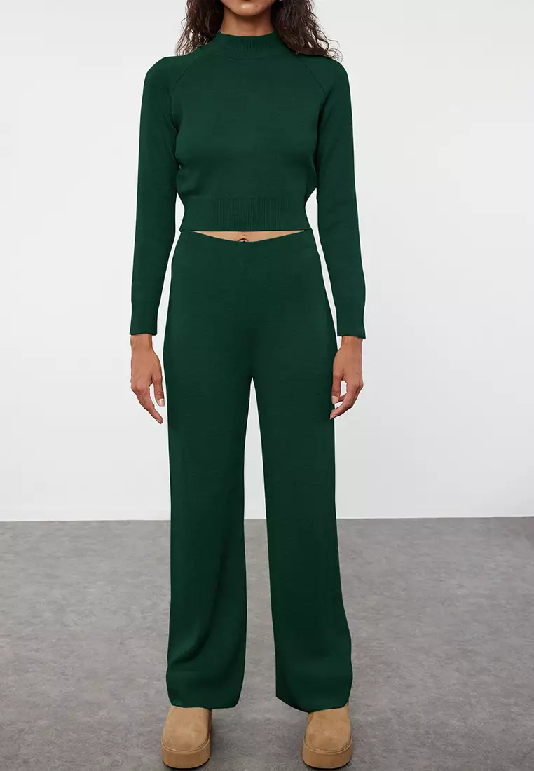 Emerald Green Crop Basic Knitwear Bottom Top Set