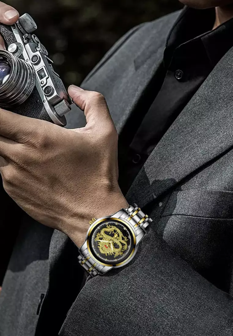 Jam Tangan Pria 9002 Naga Emas Stainless Steel Quartz Original Dragon Gold Kuning Jam Tangan Cowok gold black