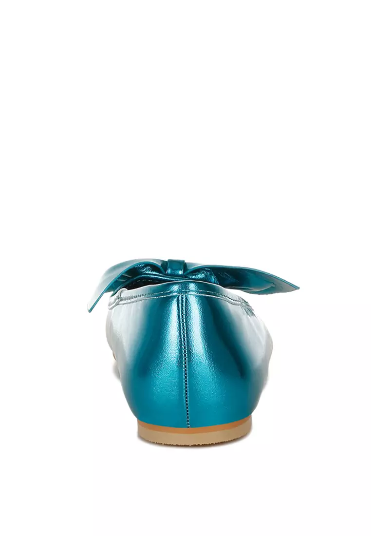 Metallic Pleather Bow Ballerinas in Blue