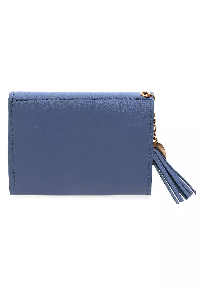 Dompet Wanita Aksen Rumbai Motif Solid Design Pastel Detail Kancing Snap - Biru