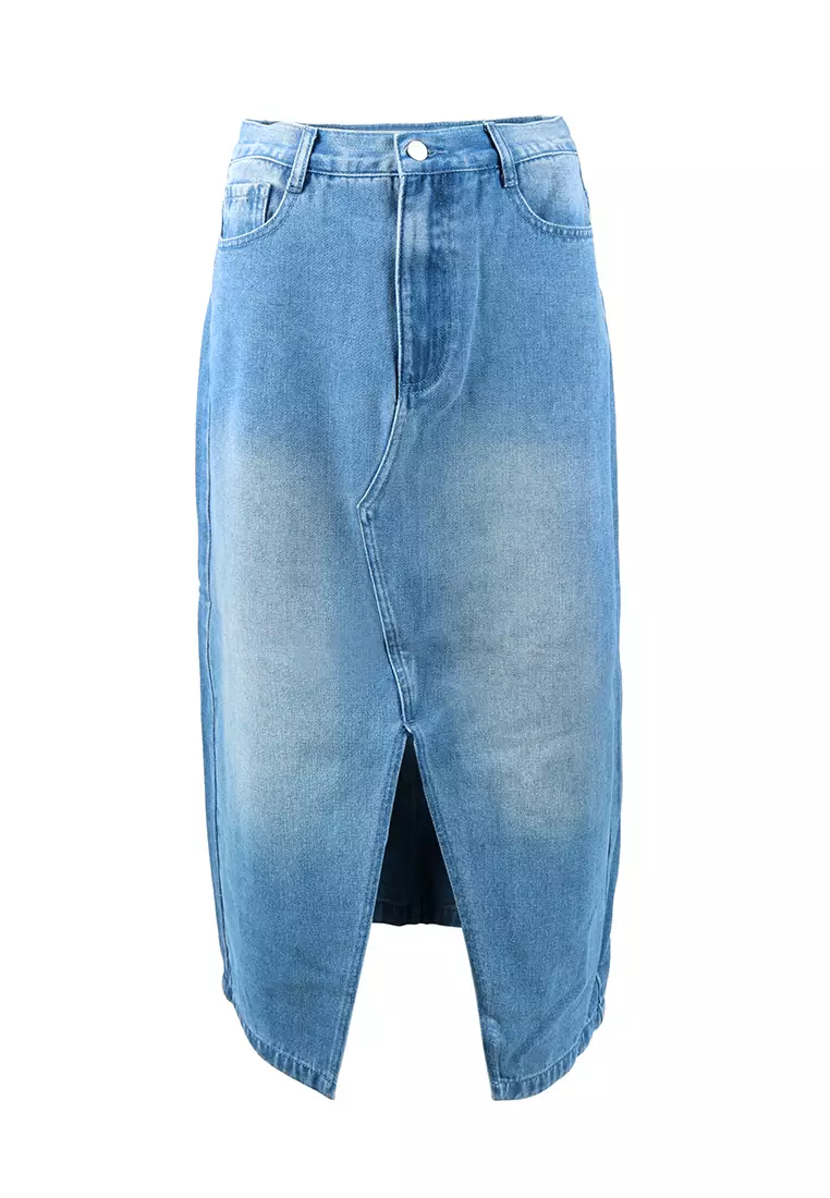Rok Denim Berani Cuci Lucu Dalam Warna Biru Tengah