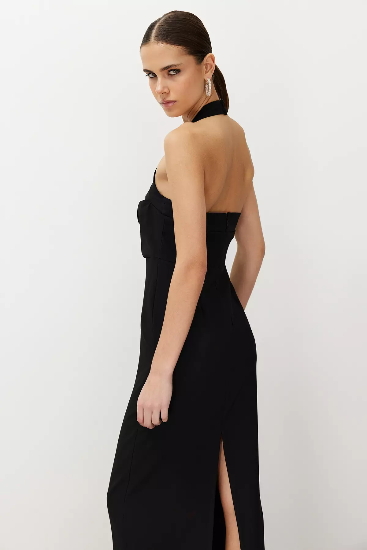 Black Bodycon Cowl Neck Woven Long Elegant Evening Dress