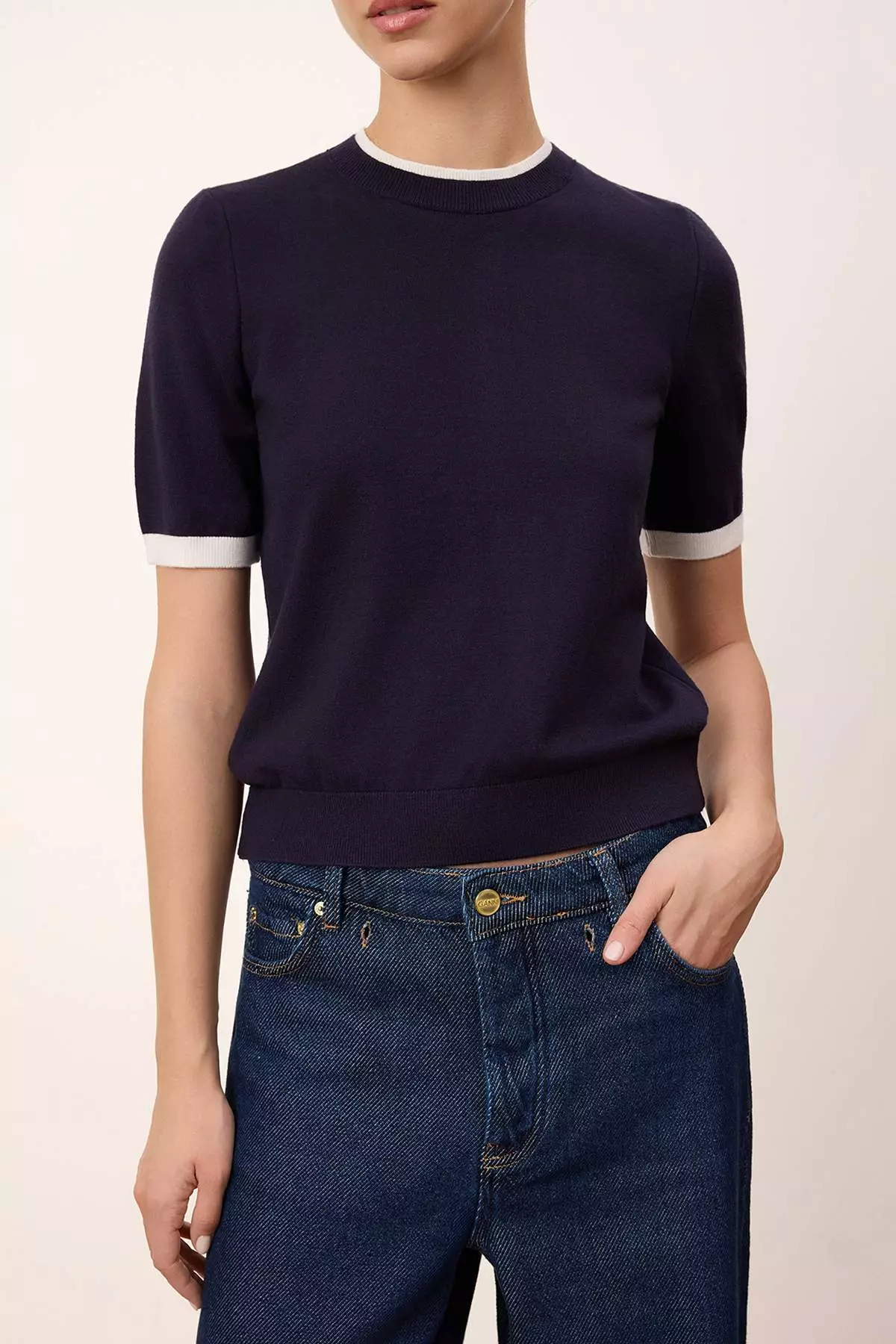 Wardrobe Essentials Navy Blue Premium Yarn Color Block Crew Neck Knitwear Blouse Twoss26Bz133