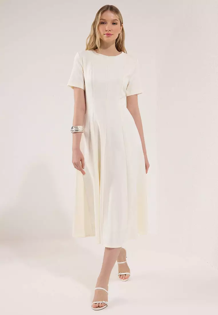 White Skirt Waist Opening Lined Midi Woven Dress Twoss25El00790