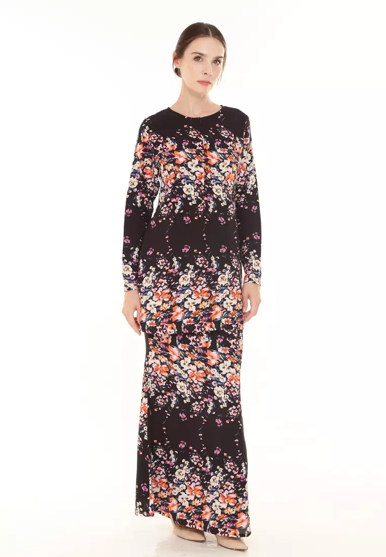 Rina Printed Kurung in Black Rainbow Flower