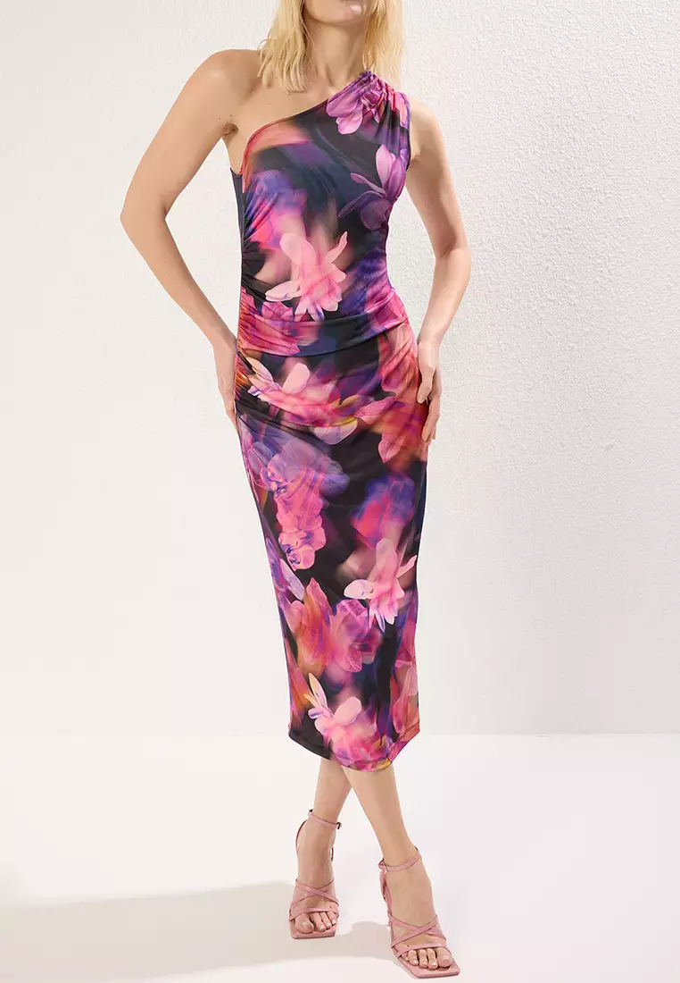 Pink Floral Printed One Shoulder Draped Fitted Stretch Knit Dress