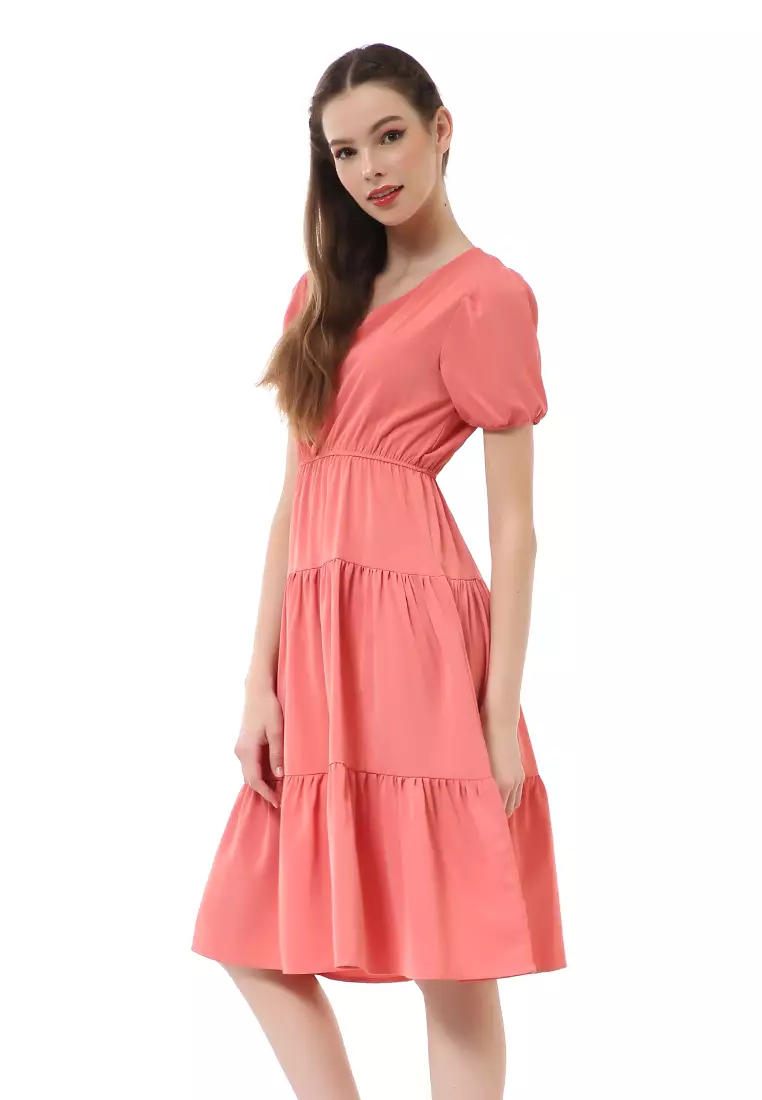 Rachel Ruffle Dress Wanita Lengan Pendek Motif Polos Material Ployester ORIGINAL - Orange