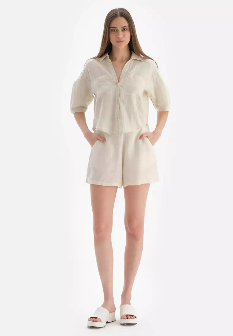 Beige Shirt, Shirt Collar, Long Sleeve Beachwear for Women