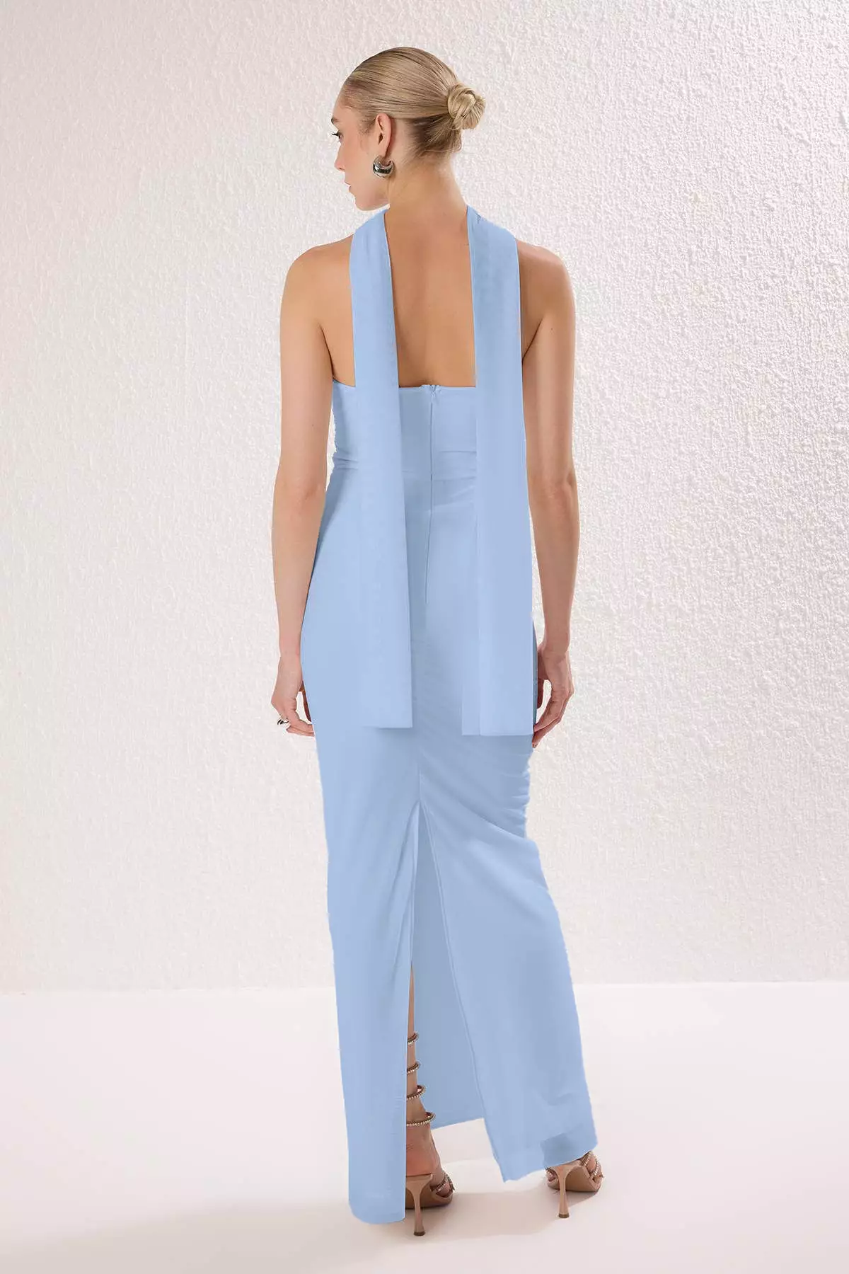 Light Blue Tulle Knitted Maxi Evening Dress With Scarf Evening Homecoming Dress