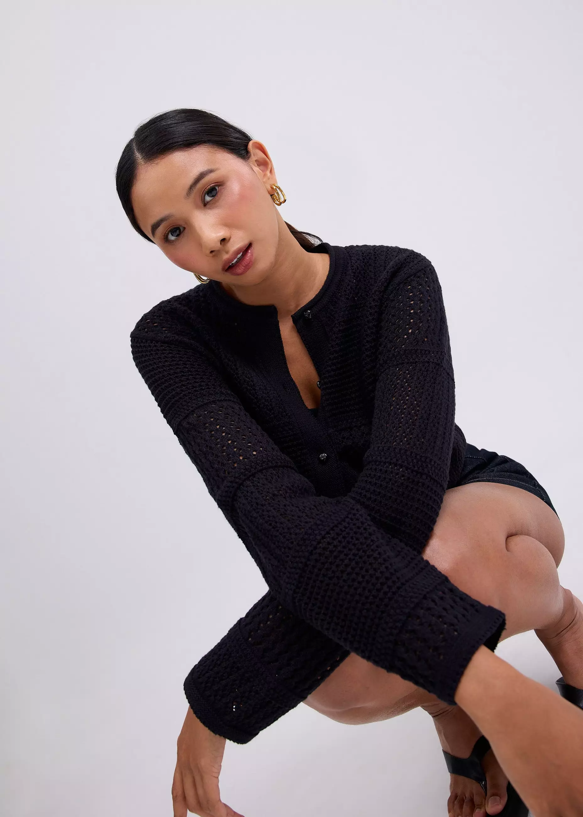 Cardigan Wanita - Relaxed Pointelle Knit Round Neck Cardigan