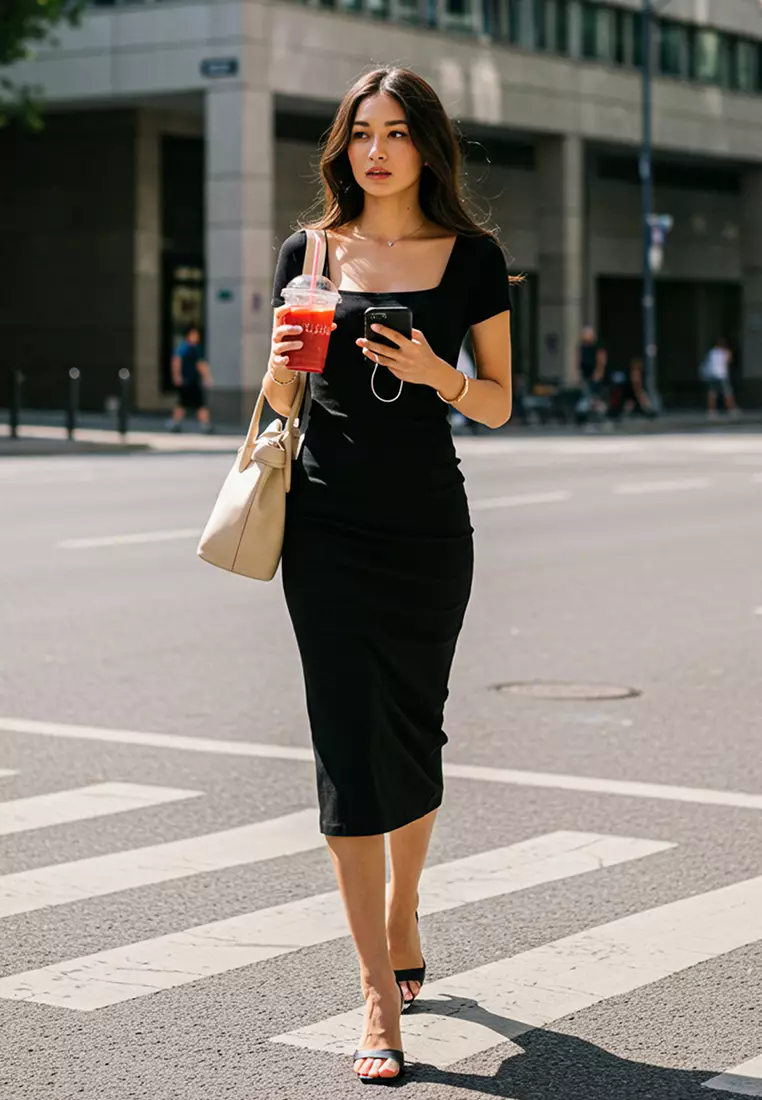 Black Square Neck Bodycone/Fits Body Stretchy Midi Knit Dress TWOSS25EL00691