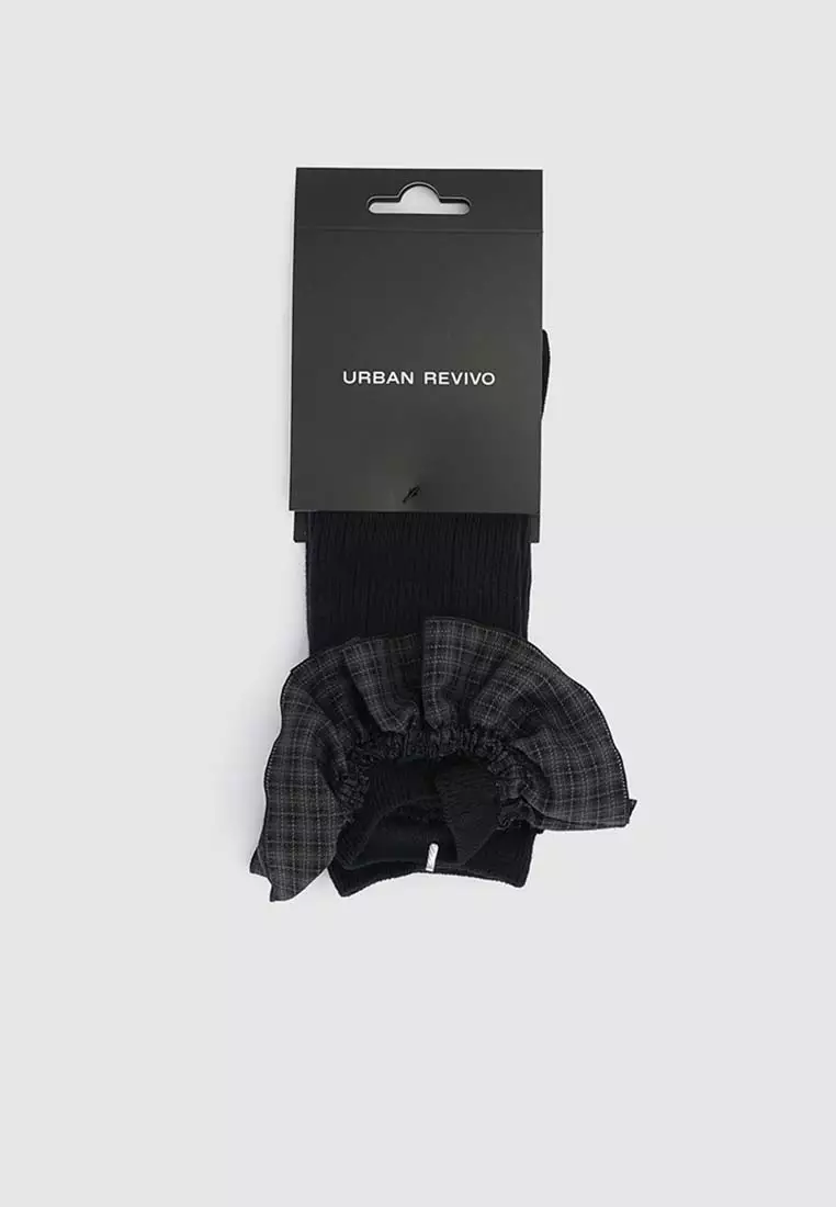 Plaid Ruffle Cuff Textured Knit Cotton Sock