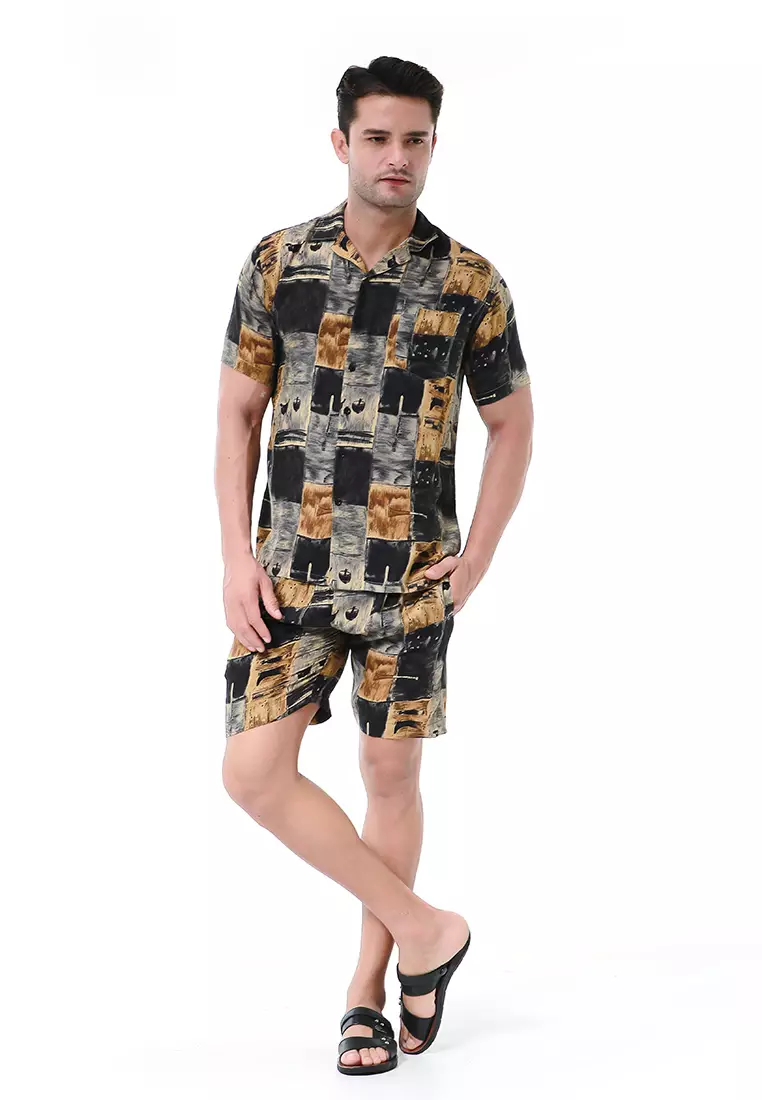 Deon Piyama Pria Kemeja One Set Lengan Pendek AbstrackDZ Motive Material Rayon ORIGINAL - Black Brown
