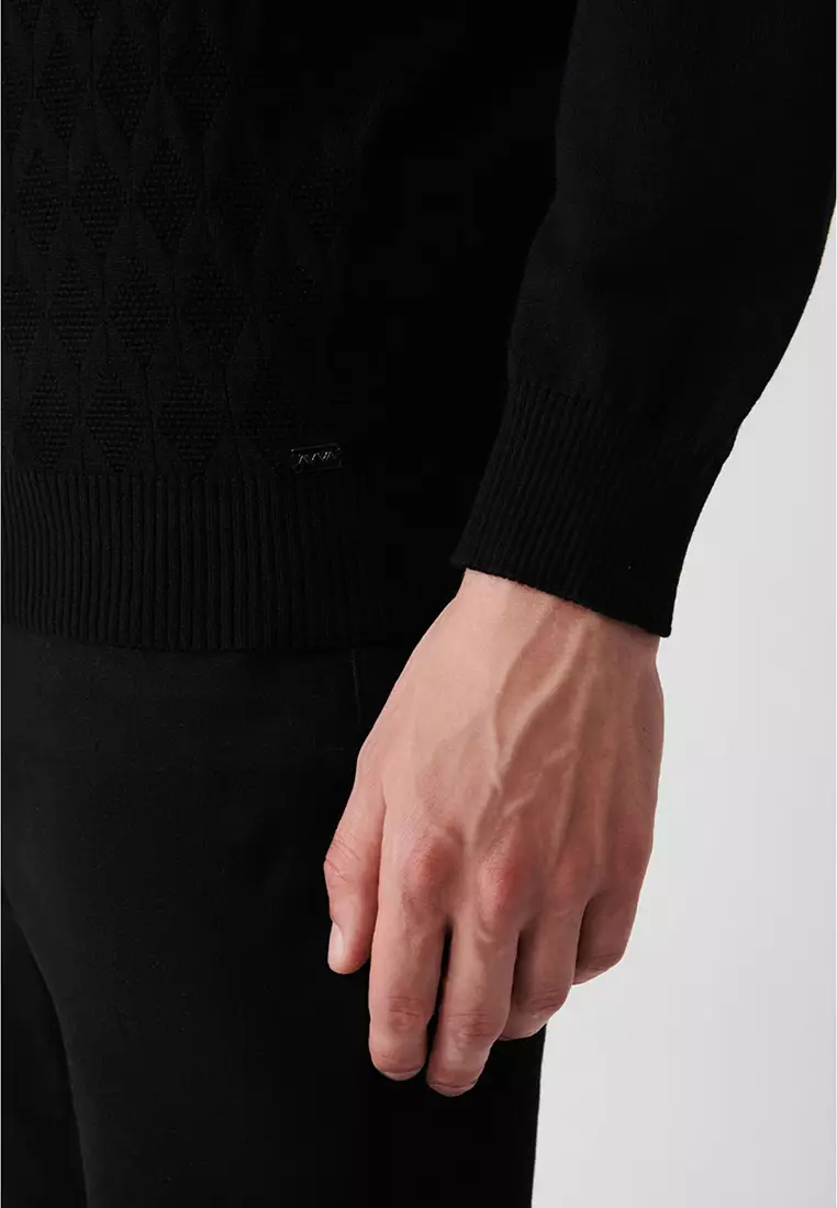 Men's Black Turtleneck Cotton Patterned Knitwear Sweater A32Y5198