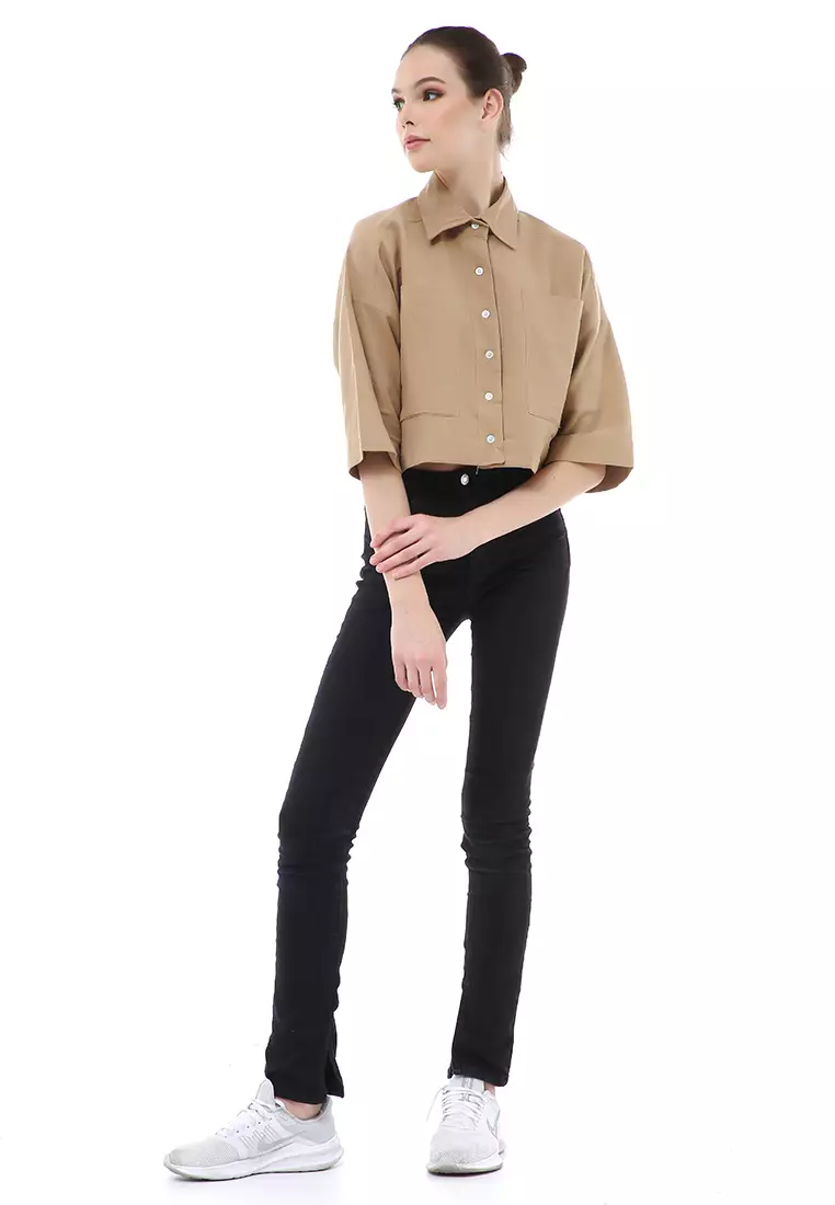 Brielle Atasan Wanita Kemeja Crop Oversize Shirt Lengan Panjang Material Linen ORIGINAL - Mocca