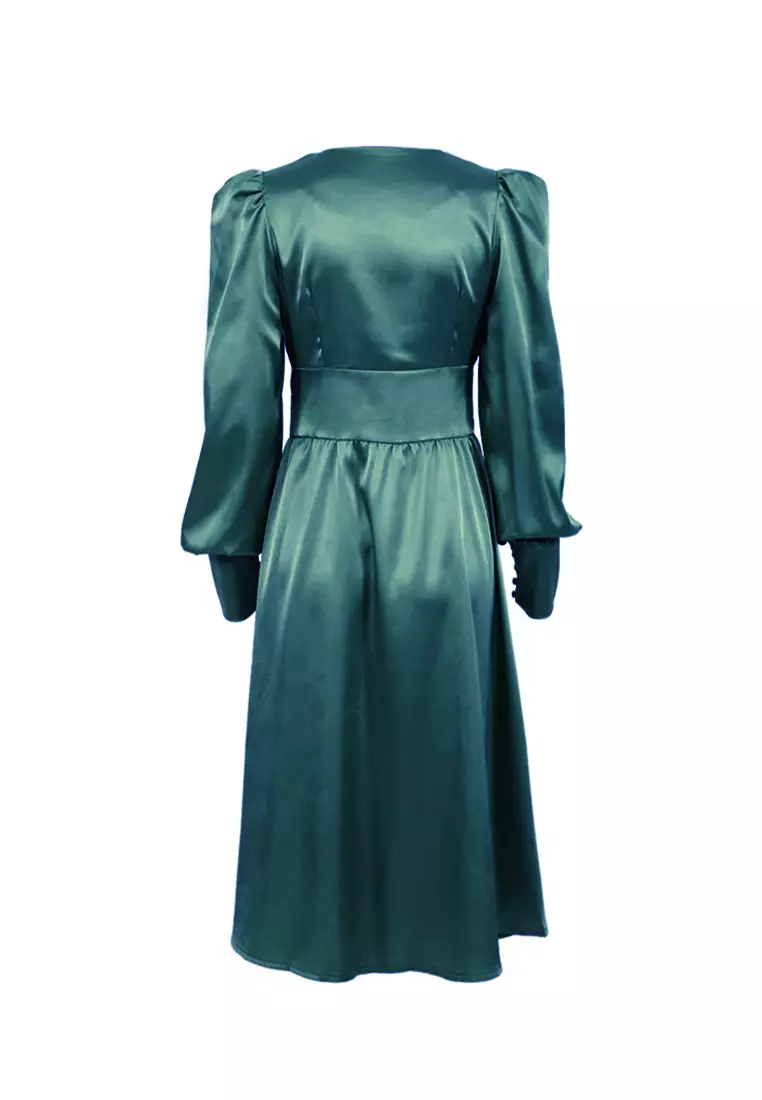 气质缎面灯笼袖收腰设计感连衣裙A121822DGGR